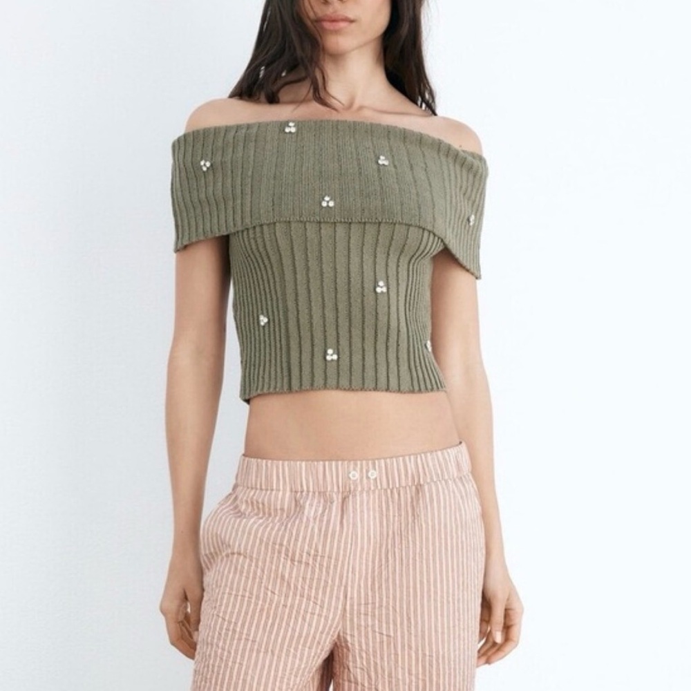 Zara olive green jewel off shoulder sweater top